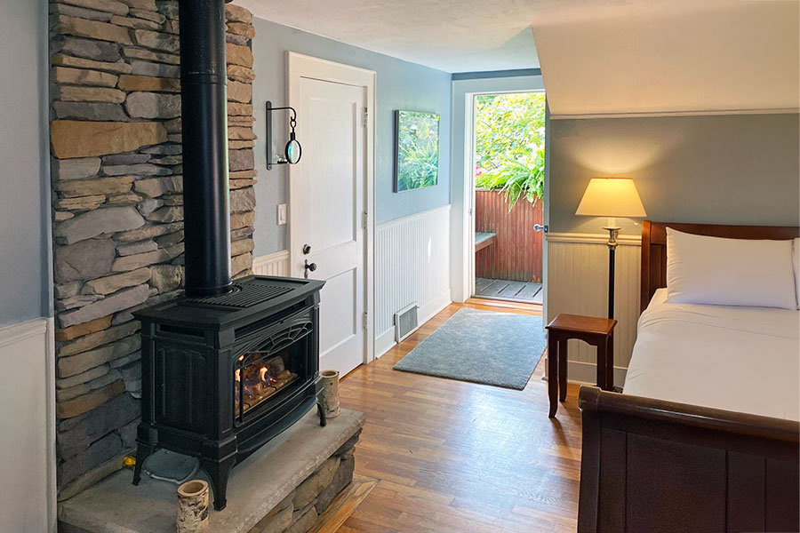 Winter Eden Room's stove and entrance